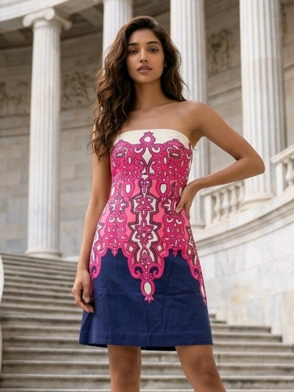 Lilly Pulitzer Bowen Strapless Dress Multi Chorus Girl Pink Baroque Sheath Mini - Picture 1 of 13